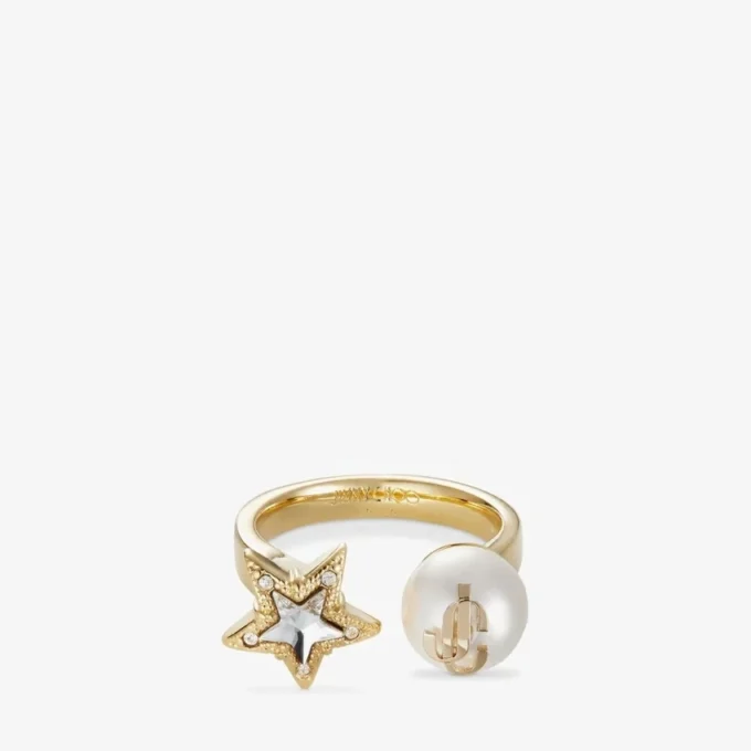 Jc Star Pearl Ring Goudkleurige metalen ring met kristallen ster en parel Jc Star Pearl Ring Goudkleurige metalen ring met kristallen ster en parel