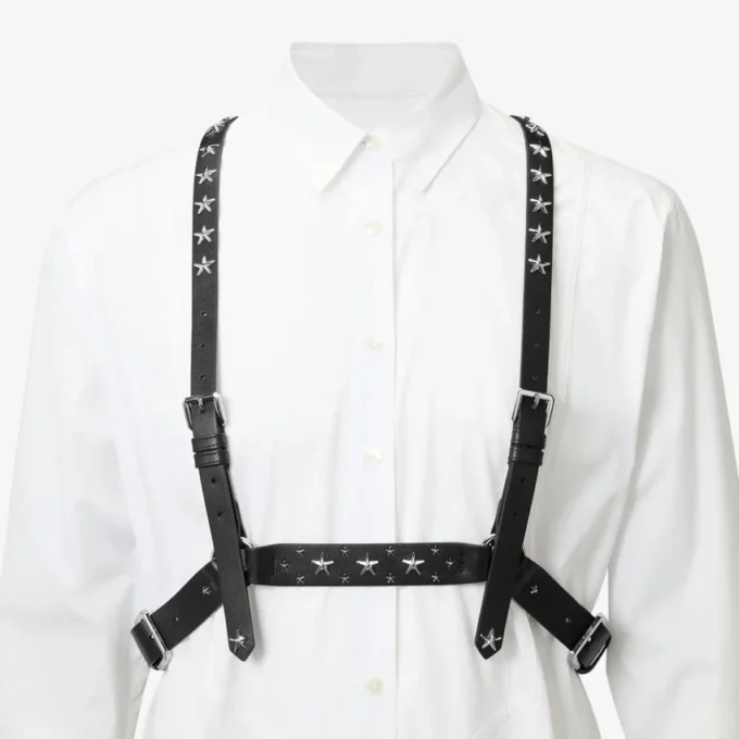 Jimmy Choo Noir Kei Ninomiya Single Star Harness Zwart glad kalfsleren harnas met metalen multi-sterrenversiering