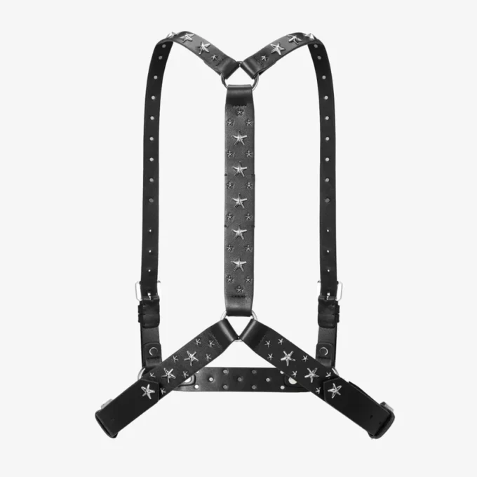 Jimmy Choo Noir Kei Ninomiya Single Star Harness Zwart glad kalfsleren harnas met metalen multi-sterrenversiering