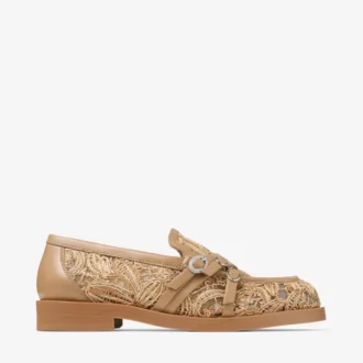 Kalia Loafer Loafers van natuurlijk geweven raffia met bloemenmotief en kalfsleer