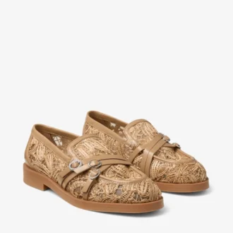 Kalia Loafer Loafers van natuurlijk geweven raffia met bloemenmotief en kalfsleer