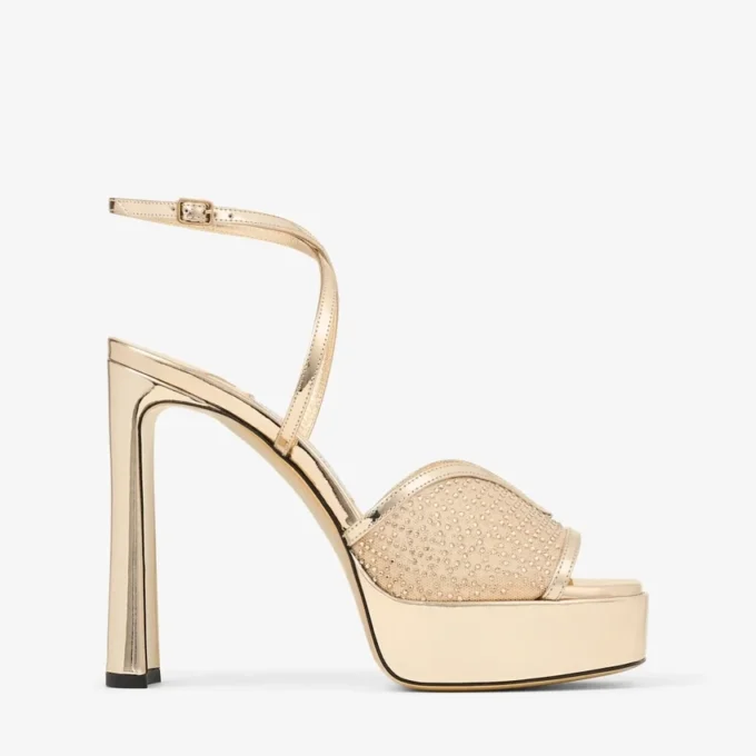 Karli Platform 125 Goudkleurige sandalen van Illusion Crystal Mesh en Liquid Metal-leer Karli Platform 125 Goudkleurige sandalen van Illusion Crystal Mesh en Liquid Metal-leer