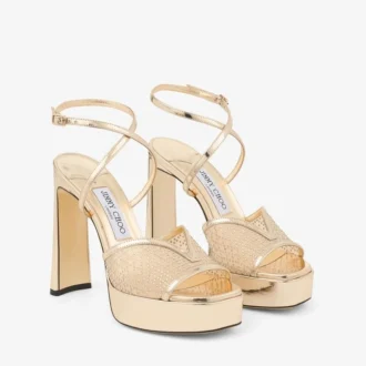 Karli Platform 125 Goudkleurige sandalen van Illusion Crystal Mesh en Liquid Metal-leer