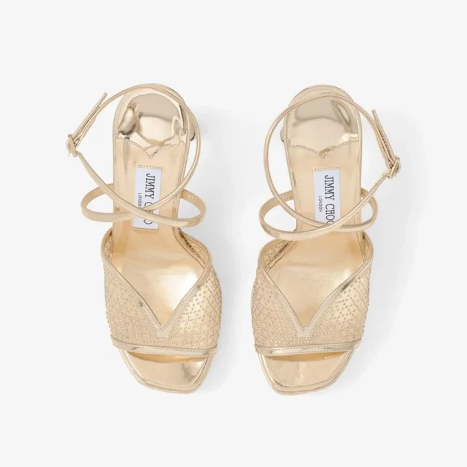 Karli Platform 125 Goudkleurige sandalen van Illusion Crystal Mesh en Liquid Metal-leer Karli Platform 125 Goudkleurige sandalen van Illusion Crystal Mesh en Liquid Metal-leer