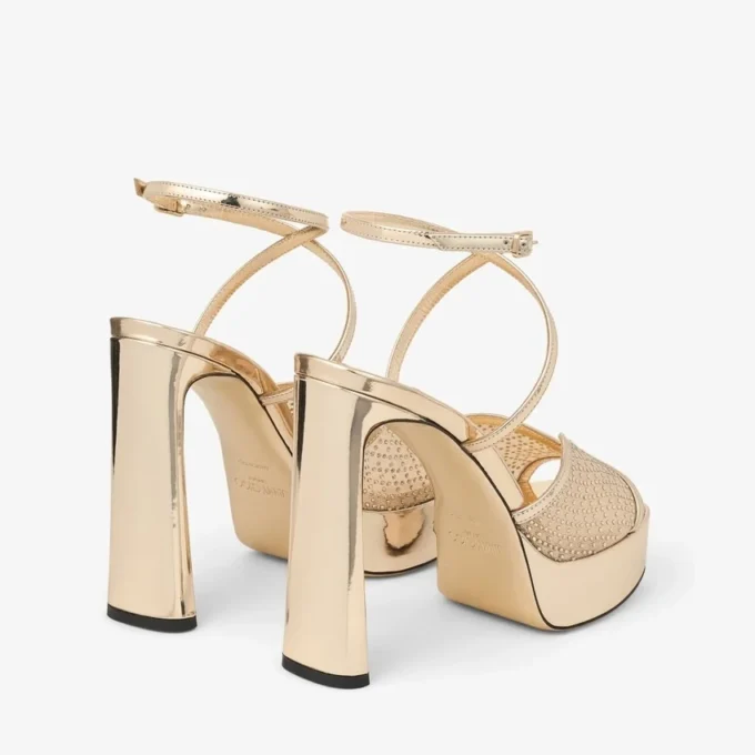 Karli Platform 125 Goudkleurige sandalen van Illusion Crystal Mesh en Liquid Metal-leer Karli Platform 125 Goudkleurige sandalen van Illusion Crystal Mesh en Liquid Metal-leer