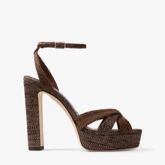 Kove 120 Chocoladebruine en lichtbruine platform sandalen van fijne raffia