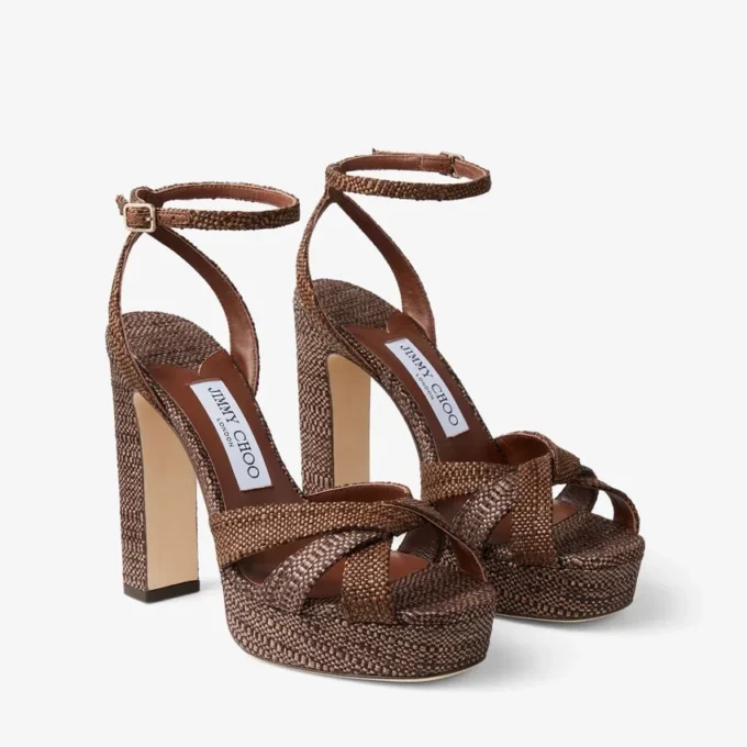 Kove 120 Chocoladebruine en lichtbruine platform sandalen van fijne raffia Kove 120 Chocoladebruine en lichtbruine platform sandalen van fijne raffia