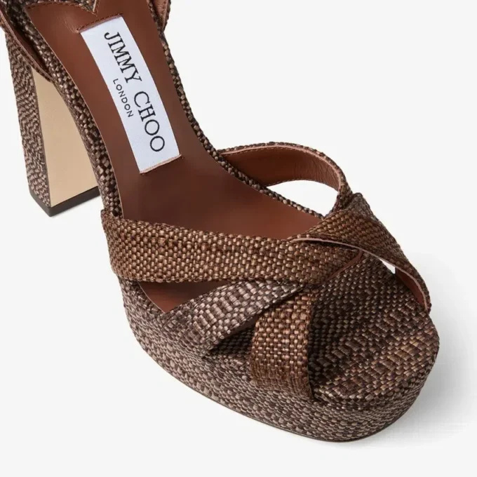 Kove 120 Chocoladebruine en lichtbruine platform sandalen van fijne raffia Kove 120 Chocoladebruine en lichtbruine platform sandalen van fijne raffia