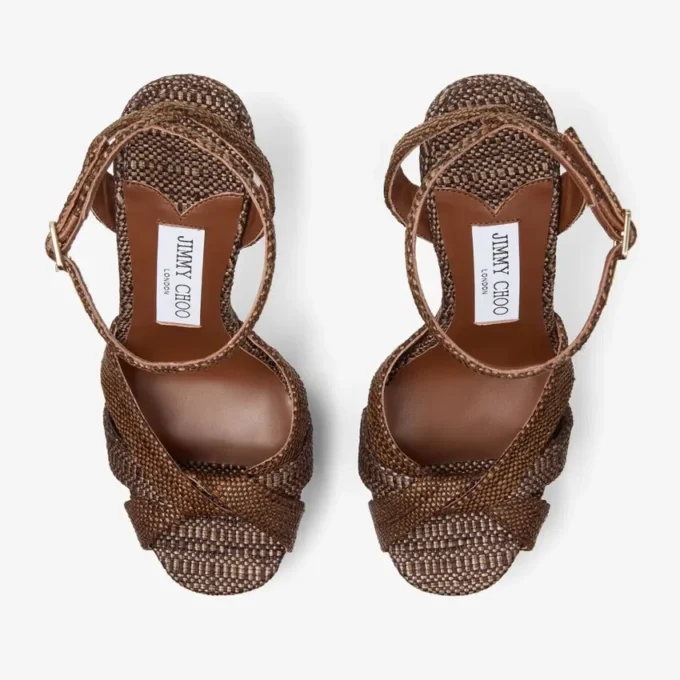Kove 120 Chocoladebruine en lichtbruine platform sandalen van fijne raffia Kove 120 Chocoladebruine en lichtbruine platform sandalen van fijne raffia