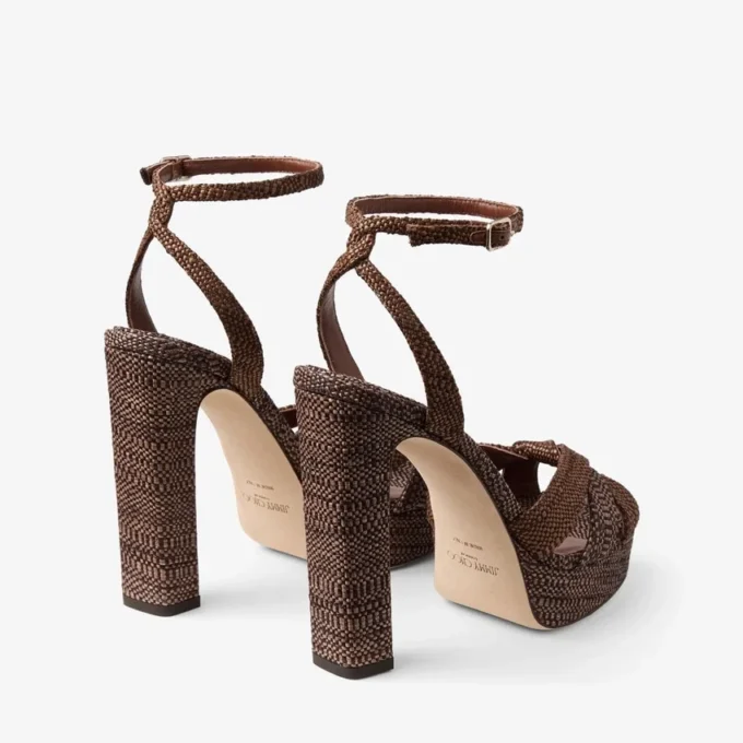 Kove 120 Chocoladebruine en lichtbruine platform sandalen van fijne raffia Kove 120 Chocoladebruine en lichtbruine platform sandalen van fijne raffia