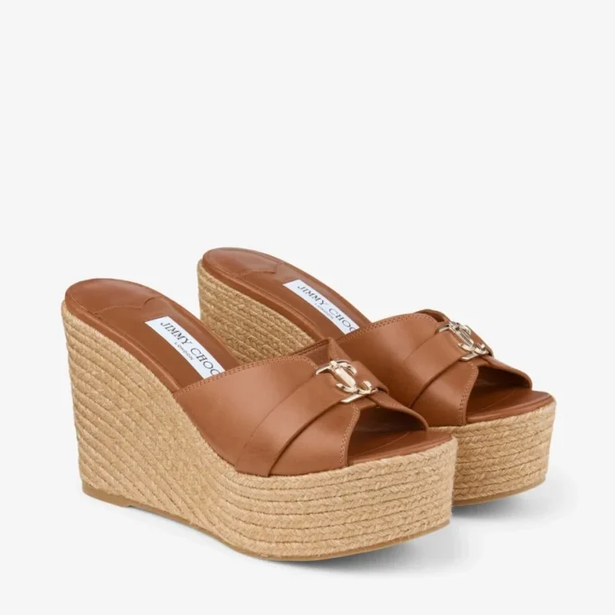 Leda Wedge 100 Tan Nappa Leather Mule Wedge Leda Wedge 100 Tan Nappa Leather Mule Wedge