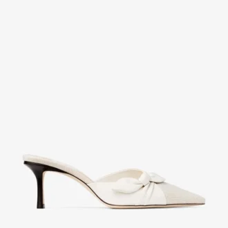 Livi 65 Mules van gemêleerd canvas in amandel- en latte-tinten en zacht handschoenleer met strik van nappaleer
