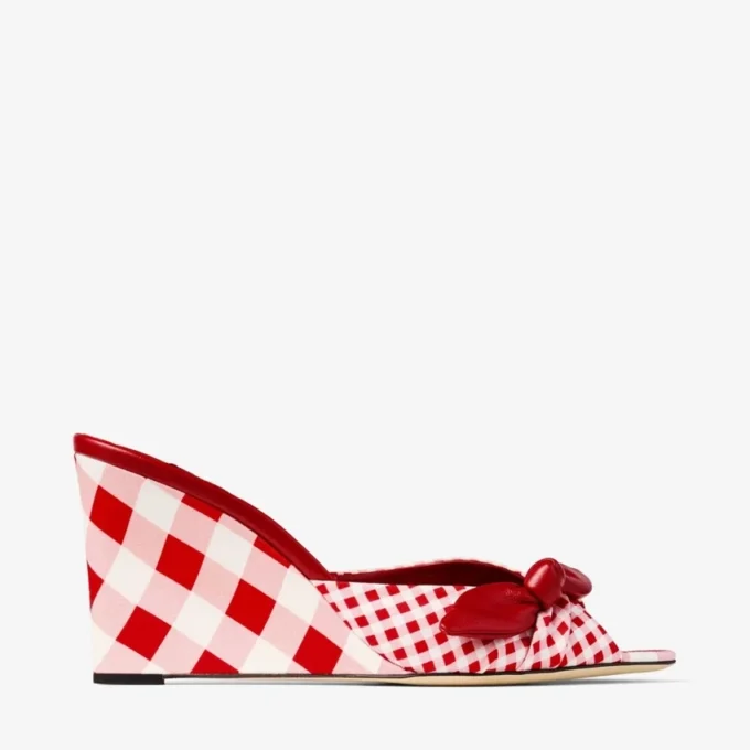 Livi-sleehak 85 Ruby Red Mix gemengde gingham katoenen muiltjes met gingham strik Livi-sleehak 85 Ruby Red Mix gemengde gingham katoenen muiltjes met gingham strik