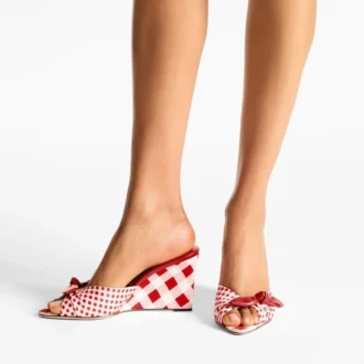 Livi-sleehak 85 Ruby Red Mix gemengde gingham katoenen muiltjes met gingham strik