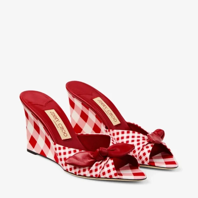 Livi-sleehak 85 Ruby Red Mix gemengde gingham katoenen muiltjes met gingham strik Livi-sleehak 85 Ruby Red Mix gemengde gingham katoenen muiltjes met gingham strik