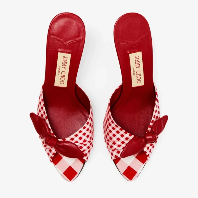Livi-sleehak 85 Ruby Red Mix gemengde gingham katoenen muiltjes met gingham strik Livi-sleehak 85 Ruby Red Mix gemengde gingham katoenen muiltjes met gingham strik