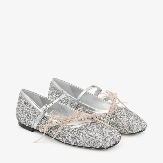 Loli Ballerina Zilver en Macaron Poeder Glitter Stof Ballerina’s met Satijnen Strikken Loli Ballerina Zilver en Macaron Poeder Glitter Stof Ballerina’s met Satijnen Strikken