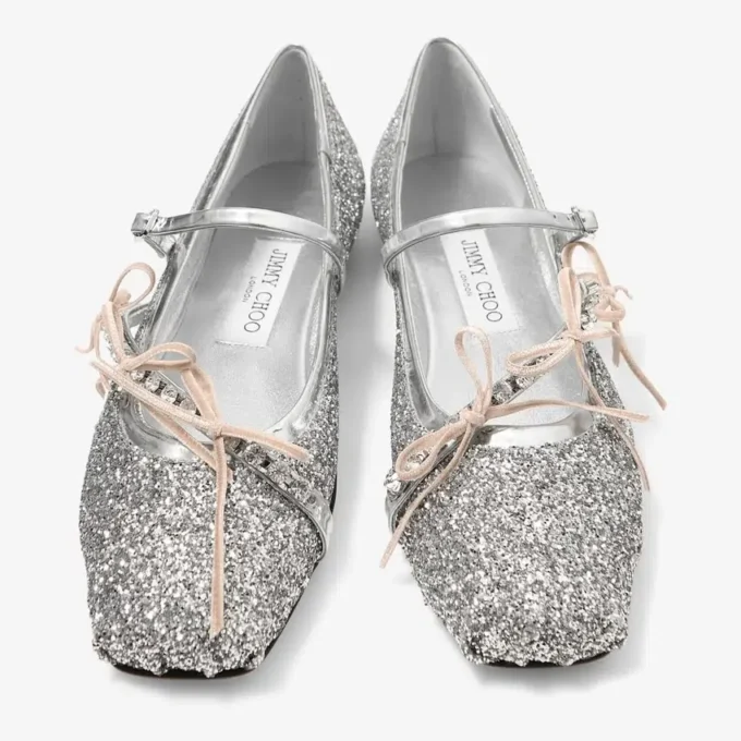 Loli Ballerina Zilver en Macaron Poeder Glitter Stof Ballerina’s met Satijnen Strikken Loli Ballerina Zilver en Macaron Poeder Glitter Stof Ballerina’s met Satijnen Strikken