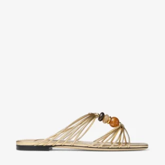 Lova Mule Flat Goudkleurige metallic nappaleren muiltjes met kralen