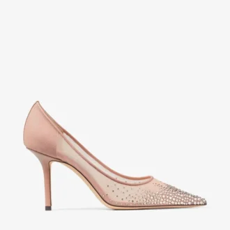 Love 85 Balletroze mesh pumps met spitse neus en dégradé-kristallen