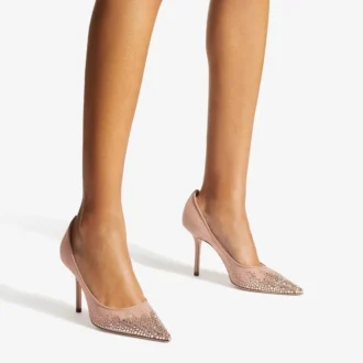 Love 85 Balletroze mesh pumps met spitse neus en dégradé-kristallen