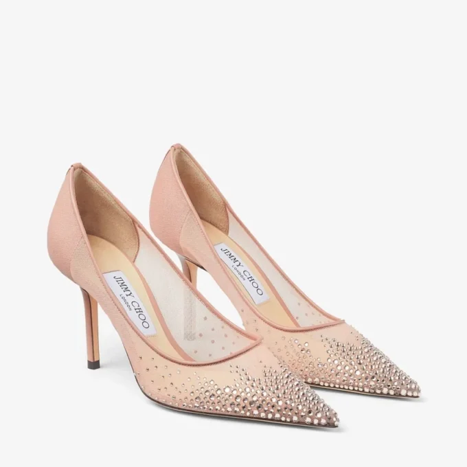 Love 85 Balletroze mesh pumps met spitse neus en dégradé-kristallen