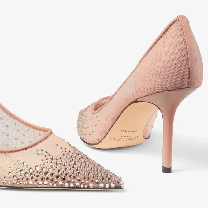 Love 85 Balletroze mesh pumps met spitse neus en dégradé-kristallen