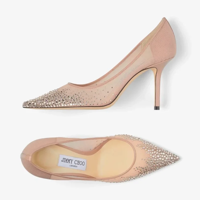 Love 85 Balletroze mesh pumps met spitse neus en dégradé-kristallen