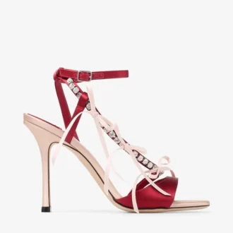 Lula 100 Macaron en Ruby Red satijnen sandalen met strikken