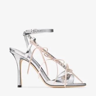 Lula 100 zilveren en macaronkleurige sandalen van Liquid Metal-leer met fluwelen strikken