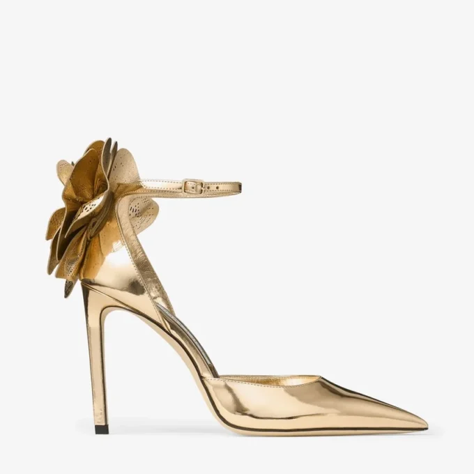 Marja 100 gouden sandalen van vloeibaar metaal met metalen leren vetersluiting
