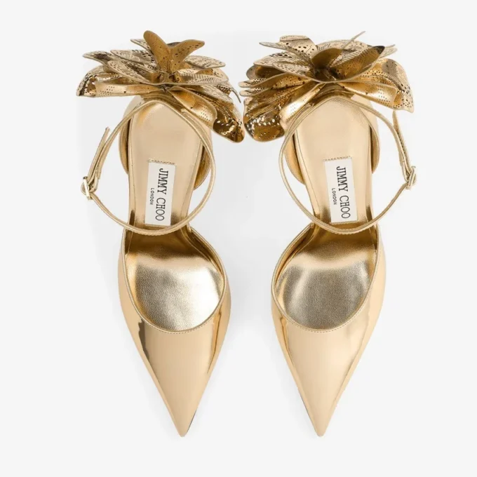 Marja 100 gouden sandalen van vloeibaar metaal met metalen leren vetersluiting