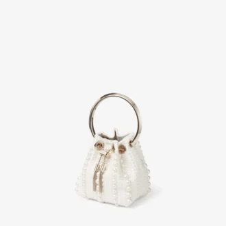 Micro Bon Bon ivoorkleurige satijnen minitas met parels over het hele oppervlak