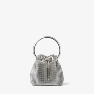 Micro Bon Bon-tas van zilverkleurig kristalgaas met metalen handvat Micro Bon Bon-tas van zilverkleurig kristalgaas met metalen handvat