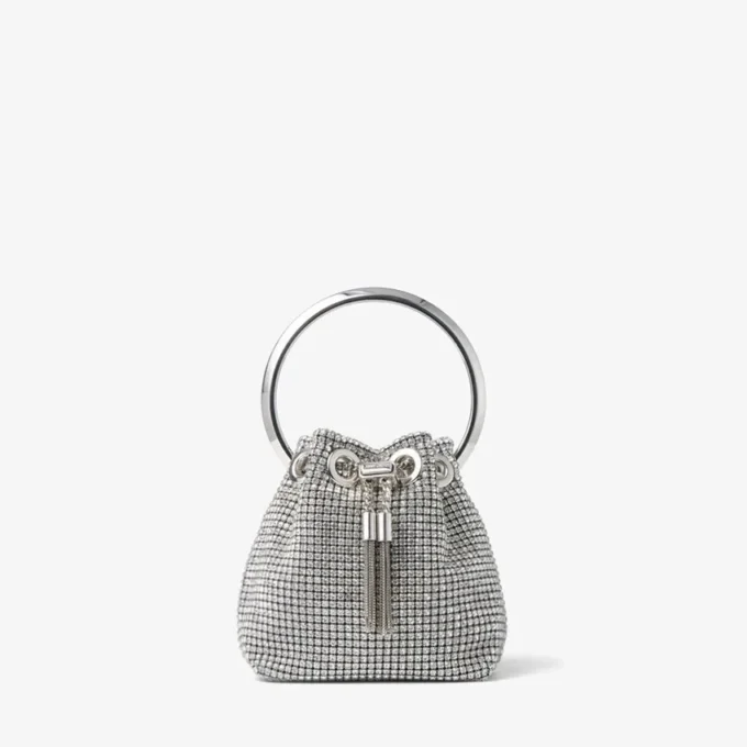 Micro Bon Bon-tas van zilverkleurig kristalgaas met metalen handvat Micro Bon Bon-tas van zilverkleurig kristalgaas met metalen handvat