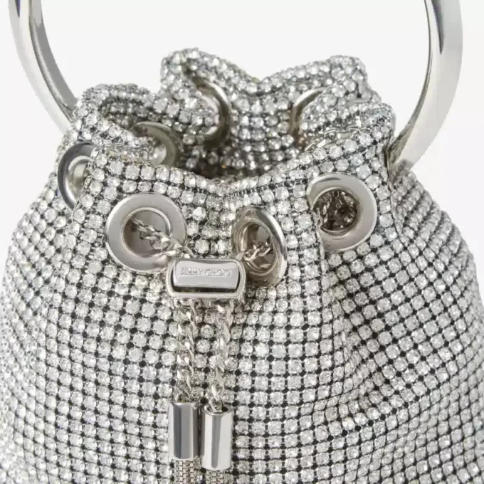 Micro Bon Bon-tas van zilverkleurig kristalgaas met metalen handvat Micro Bon Bon-tas van zilverkleurig kristalgaas met metalen handvat