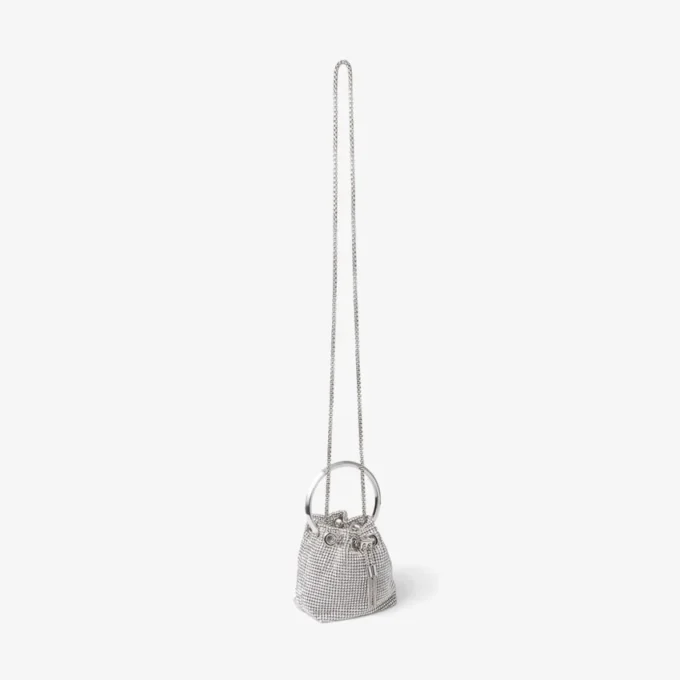 Micro Bon Bon-tas van zilverkleurig kristalgaas met metalen handvat Micro Bon Bon-tas van zilverkleurig kristalgaas met metalen handvat