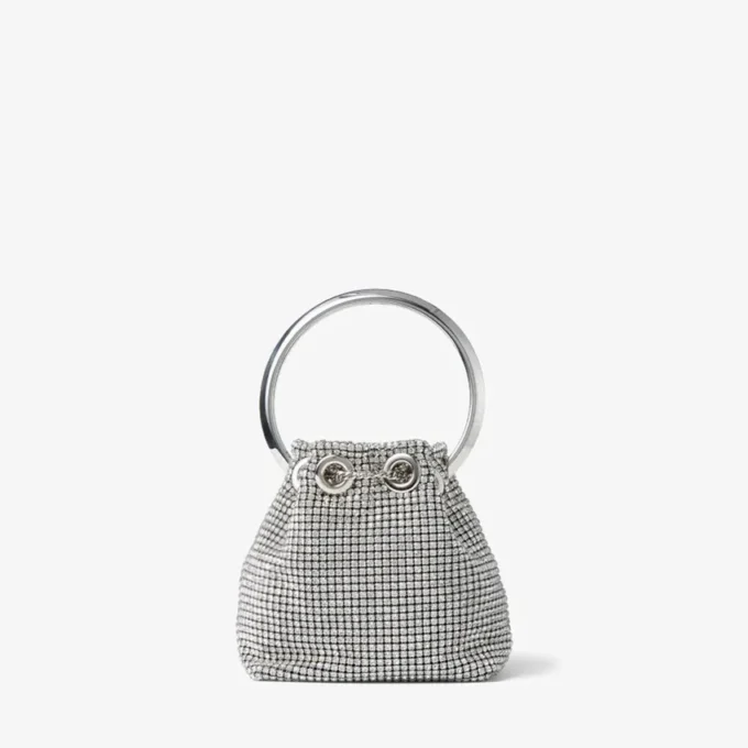 Micro Bon Bon-tas van zilverkleurig kristalgaas met metalen handvat Micro Bon Bon-tas van zilverkleurig kristalgaas met metalen handvat