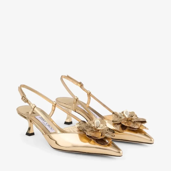 Mimmi Slingback 50 Gouden slingbacks van Liquid Metal-leer met geperforeerd jimmy choo-corsage Mimmi Slingback 50 Gouden slingbacks van Liquid Metal-leer met geperforeerd jimmy choo-corsage