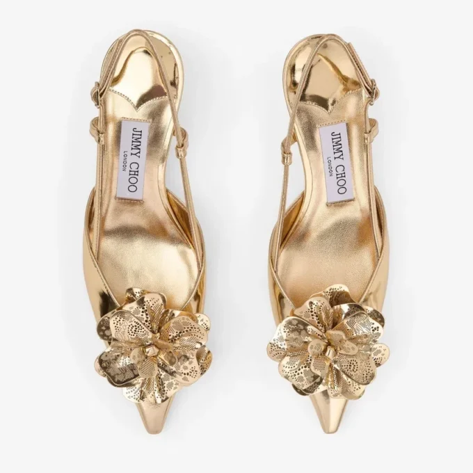 Mimmi Slingback 50 Gouden slingbacks van Liquid Metal-leer met geperforeerd jimmy choo-corsage Mimmi Slingback 50 Gouden slingbacks van Liquid Metal-leer met geperforeerd jimmy choo-corsage