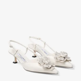 Mimmi Slingback 50 Latte Glanzende nappalederen slingbacks met kanten corsage
