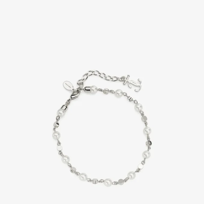Parel- en kristallen enkelbandje Zilverkleurig metalen enkelbandje met parel-, kristal- en JC-monogramhangers