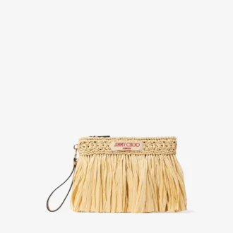 Plat etui met ritssluiting Etui met ritssluiting van naturel en lichtgoud geweven raffia met franjes Plat etui met ritssluiting Etui met ritssluiting van naturel en lichtgoud geweven raffia met franjes