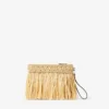 Plat etui met ritssluiting Etui met ritssluiting van naturel en lichtgoud geweven raffia met franjes