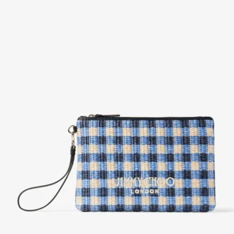 Plat etui met ritssluiting Etui met ritssluiting van raffia in marineblauw en ecru gingham Plat etui met ritssluiting Etui met ritssluiting van raffia in marineblauw en ecru gingham