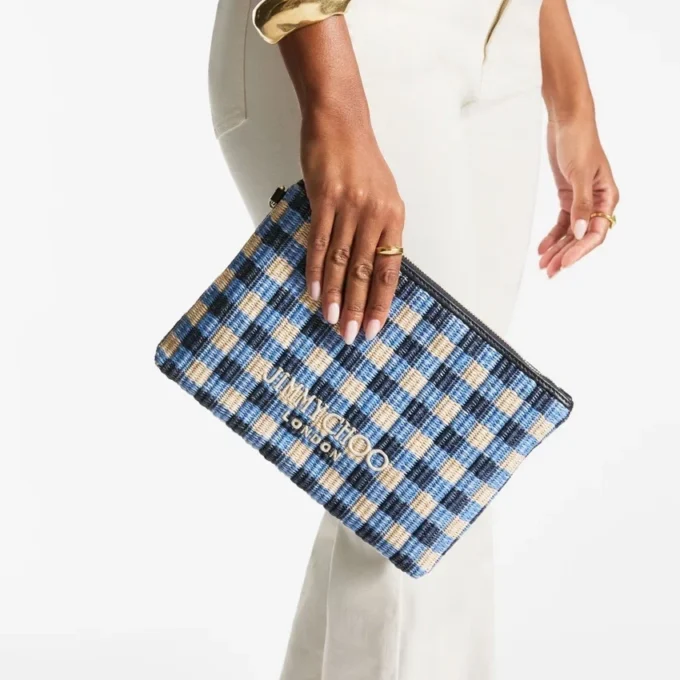 Plat etui met ritssluiting Etui met ritssluiting van raffia in marineblauw en ecru gingham