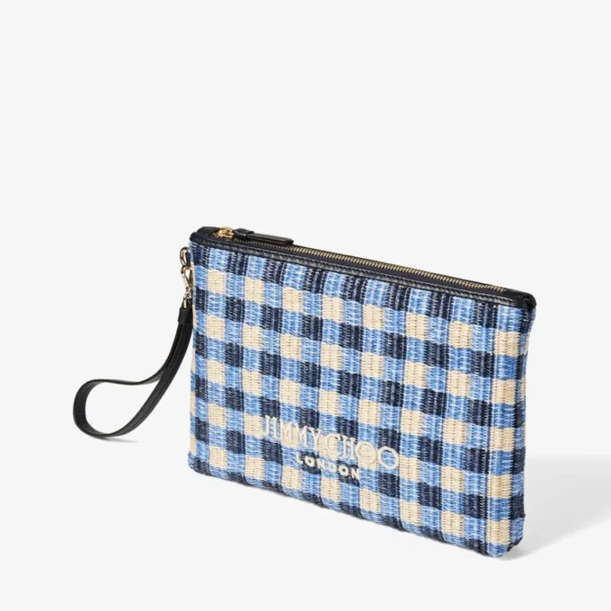 Plat etui met ritssluiting Etui met ritssluiting van raffia in marineblauw en ecru gingham