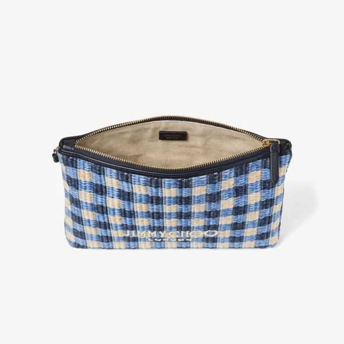 Plat etui met ritssluiting Etui met ritssluiting van raffia in marineblauw en ecru gingham