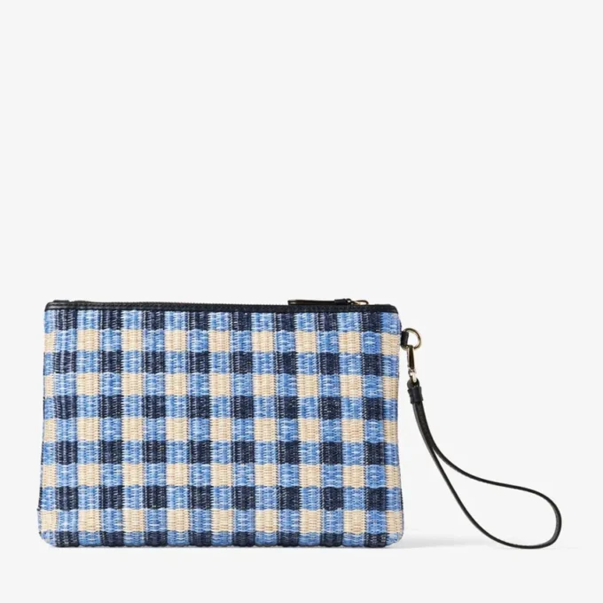 Plat etui met ritssluiting Etui met ritssluiting van raffia in marineblauw en ecru gingham