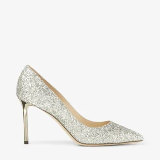 Romy 85 Champagne Pumps met grove glitterstof en spitse neus